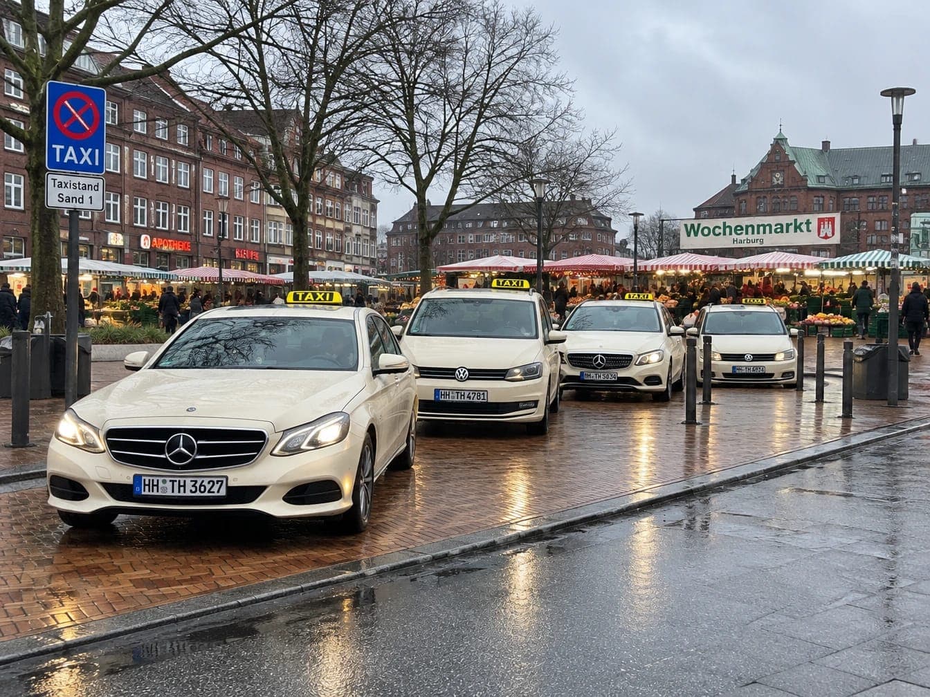 Helle Taxis am Taxistand Sand bei Regen, dahinter die Stände des Wochenmarkts Harburg und Backsteinhäuser