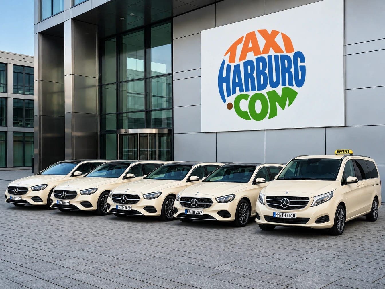 Helle Taxis stehen in einer Reihe vor einem Gebäude mit Glasfront, an der Fassade hängt ein großes Schild mit dem Schriftzug TAXI HARBURG.COM