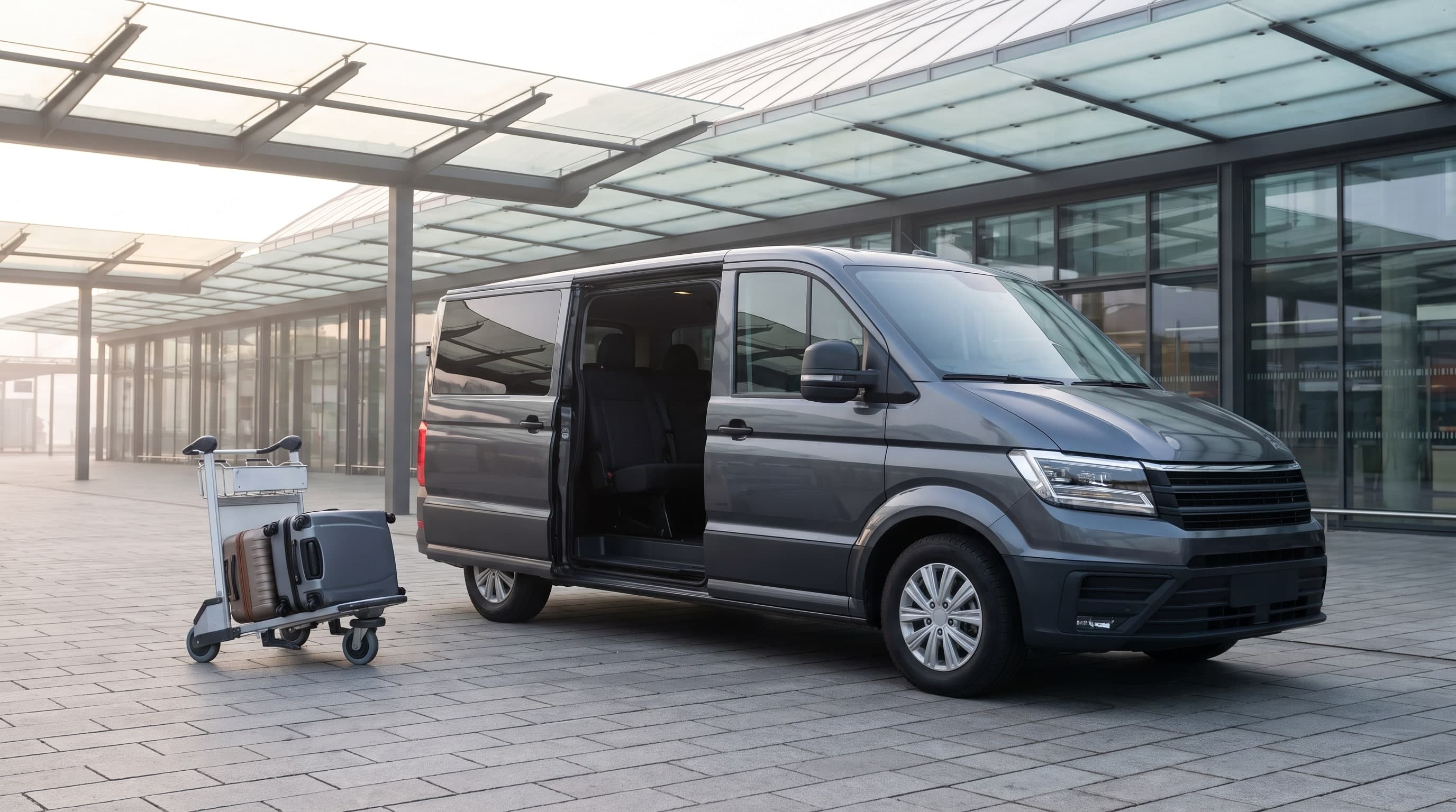 Gepäckwagen mit zwei Koffern vor einem Glasgebäude mit Vordach, rechts ein dunkelgrauer Kleinbus